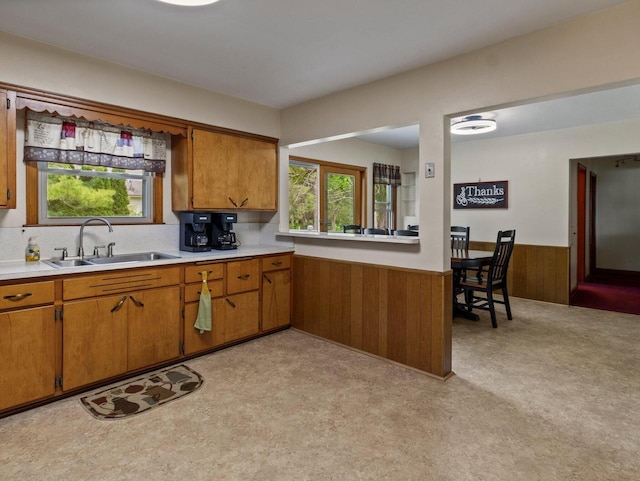 6043 N 118th St, Milwaukee, WI 53225 - kitchen featuring a sink, a wainscoted wall, brown cabinetry, light countertops, and healthy amount of natural light