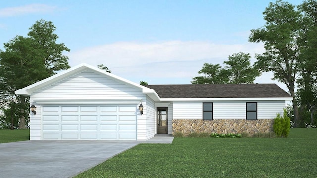 708 E Maple Beach Dr, Edgerton, WI 53534 - single story home featuring a front yard, concrete driveway, and stone siding