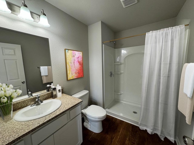 708 E Maple Beach Dr, Edgerton, WI 53534 - bathroom with wood finished floors, a shower with shower curtain, toilet, vanity, and a textured wall
