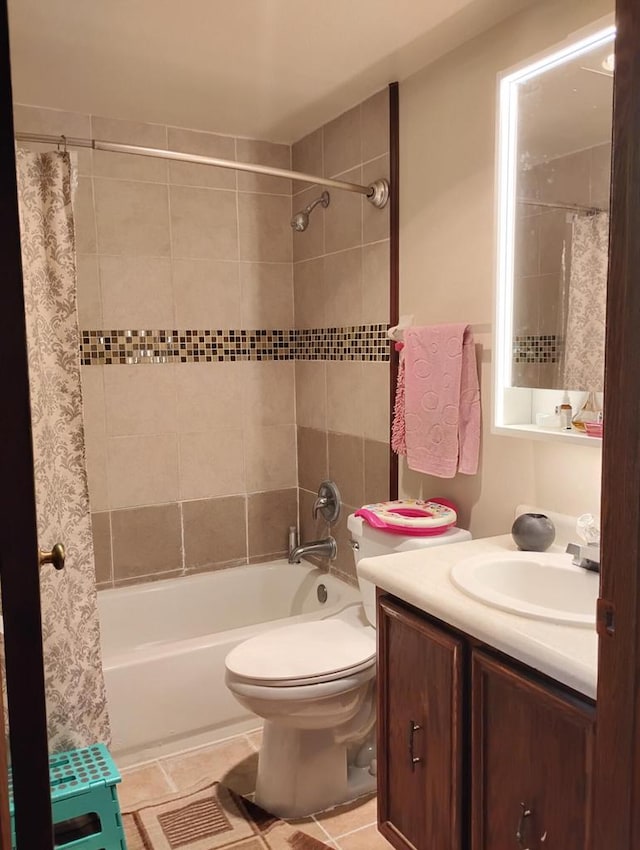 bathroom featuring shower / bathtub combination with curtain, vanity, and toilet