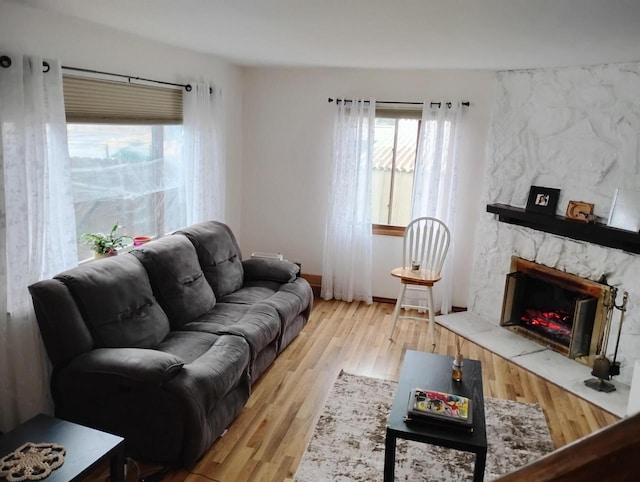 living room featuring a premium fireplace and wood finished floors