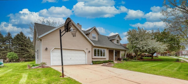 view of side of property featuring concrete driveway, a lawn, a chimney, and a garage