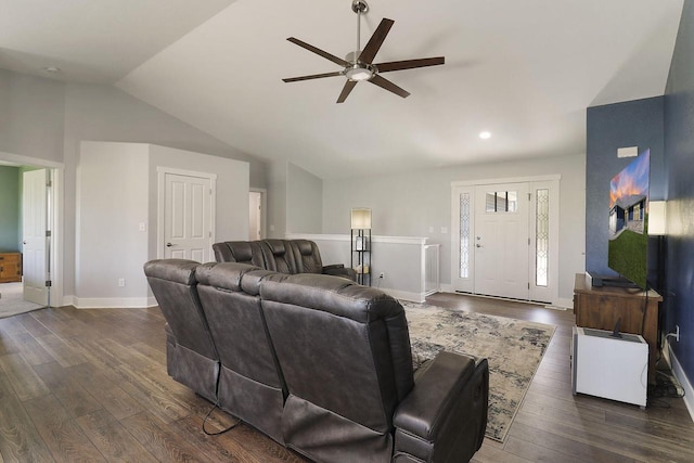 2130 90th St, Sturtevant, WI 53177 - living room with ceiling fan, lofted ceiling, dark wood-style flooring, recessed lighting, and baseboards