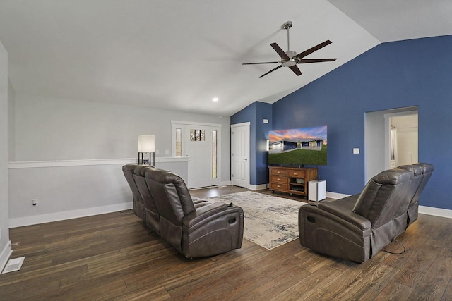 2130 90th St, Sturtevant, WI 53177 - living area featuring a ceiling fan, vaulted ceiling, wood finished floors, and baseboards