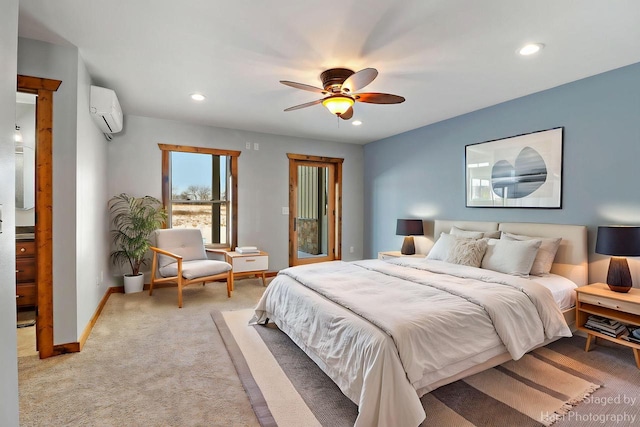 N5911 County Road Dd, Burlington, WI 53105 - bedroom with an AC wall unit, light colored carpet, recessed lighting, baseboards, and a ceiling fan