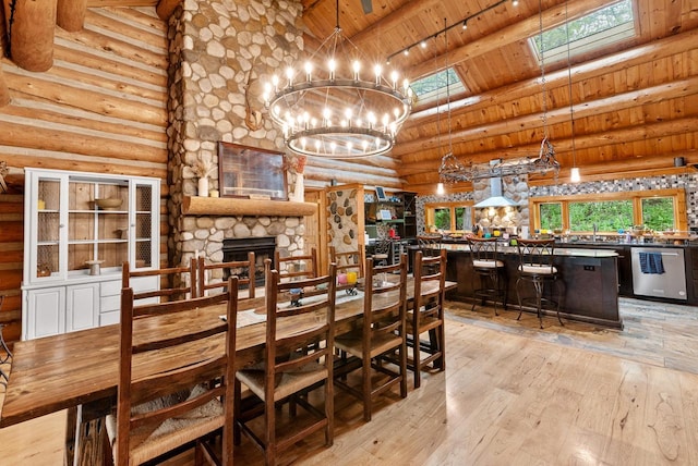 644 County Highway K, Hartford, WI 53027 - dining room with wood ceiling, log walls, light wood-type flooring, a chandelier, and beamed ceiling