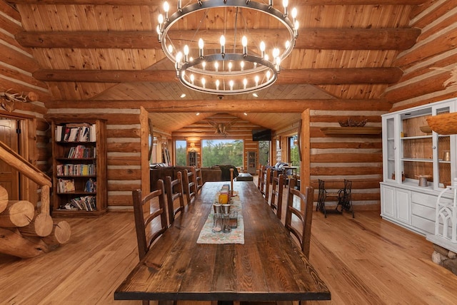 644 County Highway K, Hartford, WI 53027 - dining room with wooden ceiling, log walls, a chandelier, and hardwood / wood-style flooring