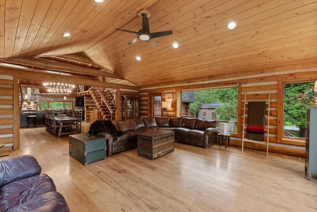 644 County Highway K, Hartford, WI 53027 - living room with wood ceiling, lofted ceiling, recessed lighting, healthy amount of natural light, and a ceiling fan