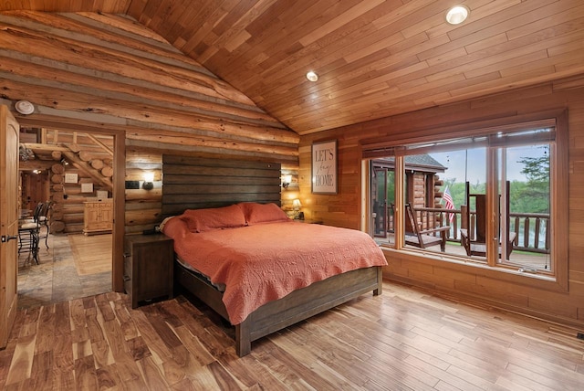 644 County Highway K, Hartford, WI 53027 - bedroom featuring access to exterior, lofted ceiling, wood finished floors, and wooden ceiling