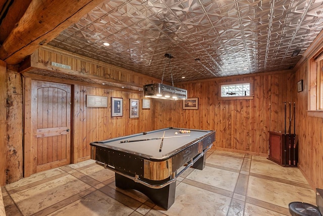 644 County Highway K, Hartford, WI 53027 - game room with pool table, an ornate ceiling, and wooden walls