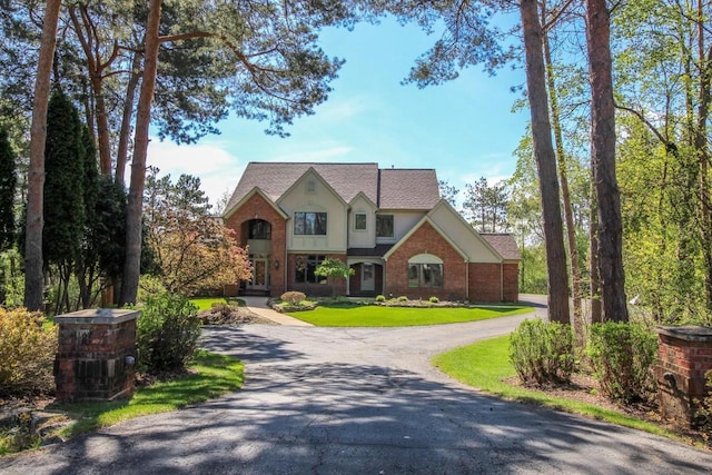 W8849 Deer Run Trl, Cambridge, WI 53523 - tudor house with curved driveway, brick siding, a front lawn, and stucco siding
