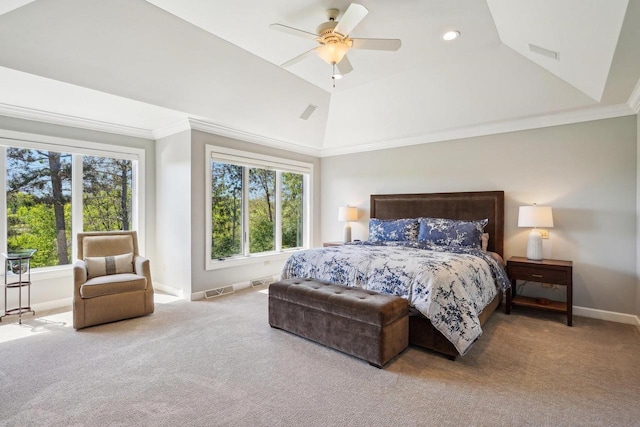 W8849 Deer Run Trl, Cambridge, WI 53523 - bedroom with carpet floors, baseboards, lofted ceiling, ceiling fan, and ornamental molding