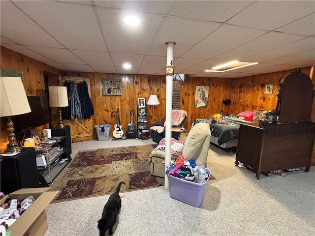 111 Arlington Ave Unit 1-12, Cameron, WI 54822 - living room with carpet, wood walls, and a drop ceiling