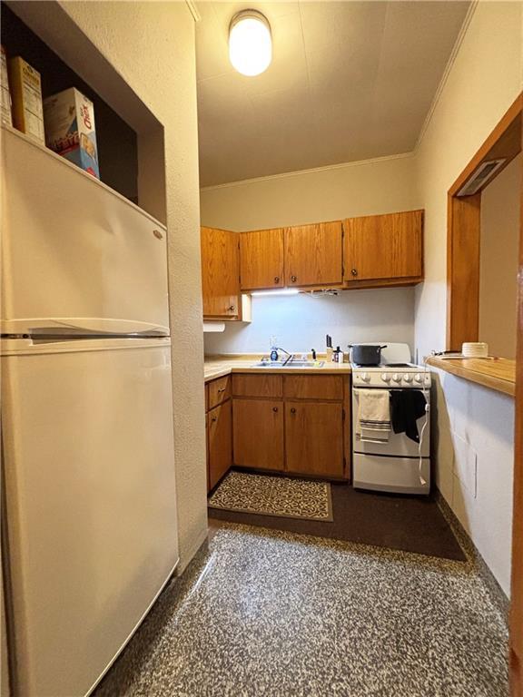 111 Arlington Ave Unit 1-12, Cameron, WI 54822 - kitchen with white appliances, light countertops, a sink, and brown cabinets