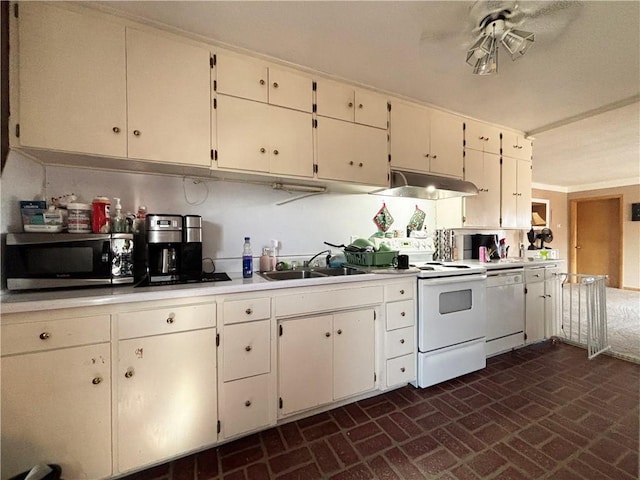 111 Arlington Ave Unit 1-12, Cameron, WI 54822 - kitchen featuring under cabinet range hood, white appliances, a sink, brick patterned floors, and light countertops