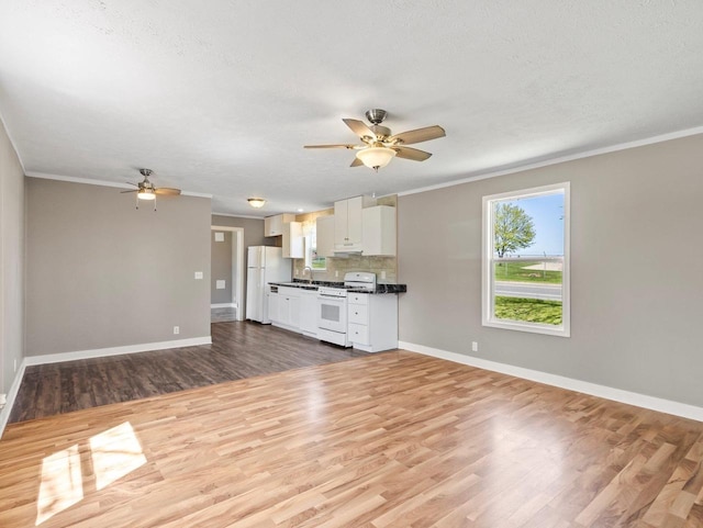 10 Fairlane Ct, Madison, WI 53713 - unfurnished living room with ceiling fan, baseboards, crown molding, and a textured ceiling