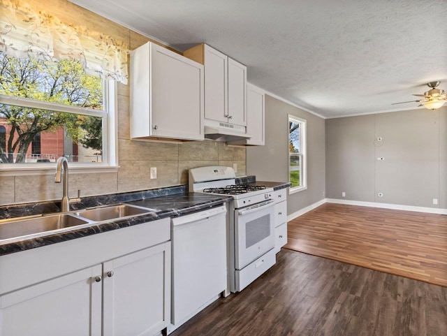 10 Fairlane Ct, Madison, WI 53713 - kitchen with white appliances, a sink, under cabinet range hood, dark wood-style flooring, and dark countertops