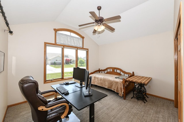 6454 Heritage Ave, Mount Pleasant, WI 53406 - bedroom featuring lofted ceiling, carpet, baseboards, a desk, and a ceiling fan