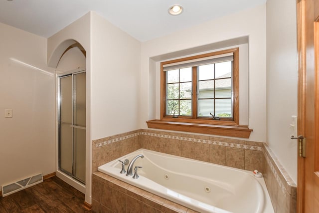 6454 Heritage Ave, Mount Pleasant, WI 53406 - full bath featuring a shower stall, a whirlpool tub, wood finished floors, and recessed lighting