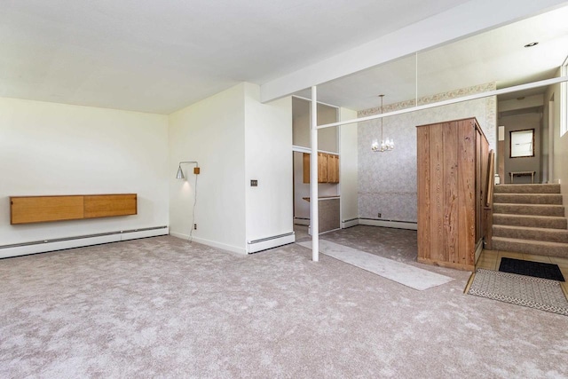 30 Elmer St, Platteville, WI 53818 - unfurnished room featuring a chandelier, baseboard heating, stairs, and carpet