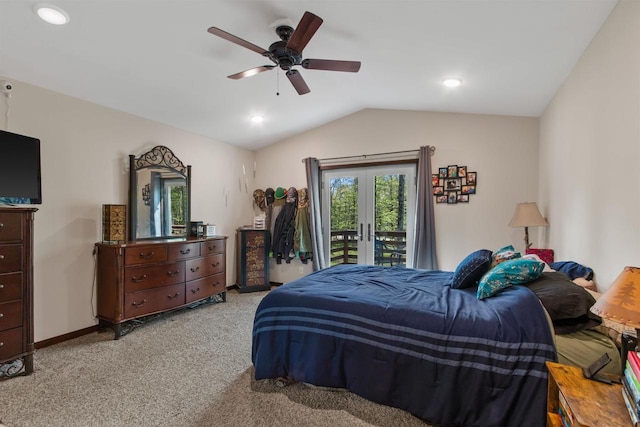 bedroom with access to exterior, lofted ceiling, french doors, light colored carpet, and ceiling fan