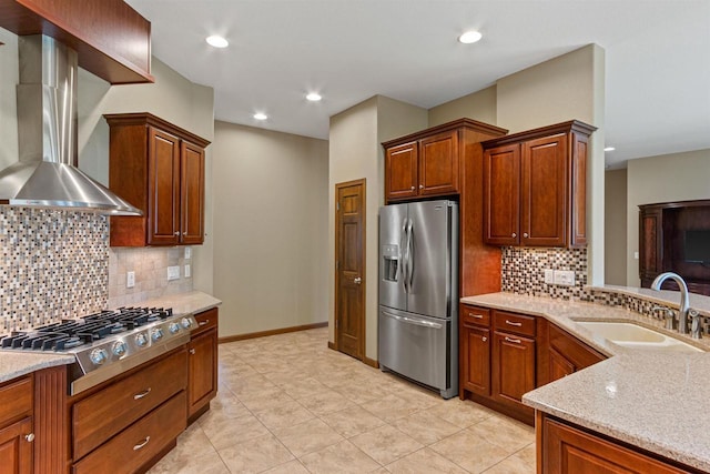 6056 Sharonwood Ln, Stevens Point, WI 54482 - kitchen featuring stainless steel appliances, a sink, wall chimney exhaust hood, tasteful backsplash, and light tile patterned floors