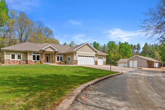 6056 Sharonwood Ln, Stevens Point, WI 54482 - view of front facade with driveway, stone siding, a garage, and a front lawn
