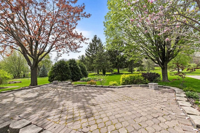 view of property's community with a yard and a patio area