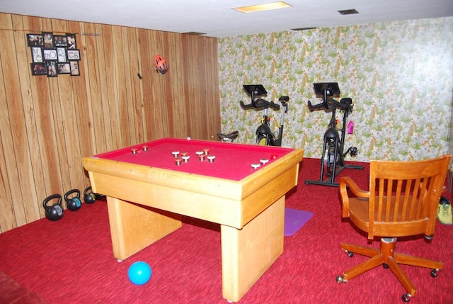 3207 County Rd W, Port Washington, WI 53074 - game room with carpet floors, billiards table, wallpapered walls, and wooden walls