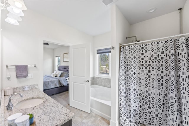 bathroom featuring tiled shower, a garden tub, tile patterned floors, vanity, and ensuite bath