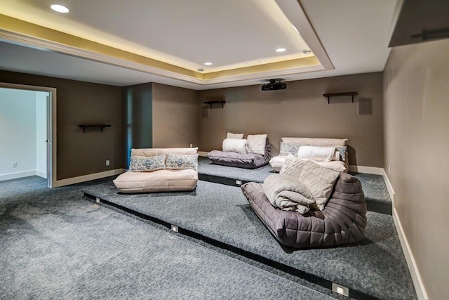 1115 Ireland Dr, Waunakee, WI 53597 - carpeted cinema room with baseboards, recessed lighting, and a tray ceiling