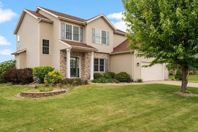 416 Rimrock Rd, Janesville, WI 53548 - traditional-style home with concrete driveway, a front lawn, an attached garage, and brick siding