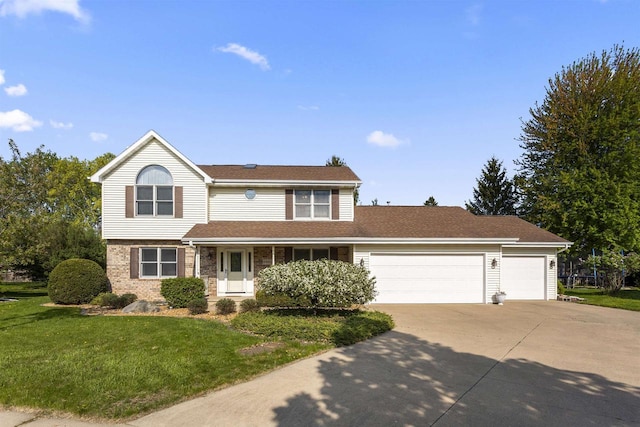 2425 Sandstone Ct, Oshkosh, WI 54904 - traditional-style home with concrete driveway, an attached garage, a front lawn, brick siding, and a shingled roof