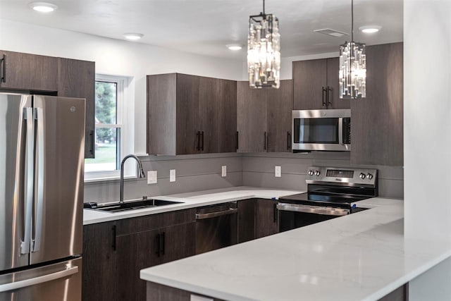 401 George St, Crivitz, WI 54114 - kitchen with appliances with stainless steel finishes, a sink, and dark brown cabinets