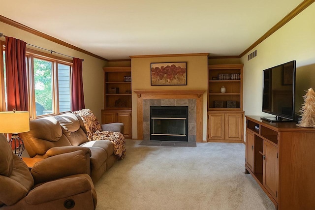 729 Parkway Dr, Mount Horeb, WI 53572 - living room with light carpet, crown molding, and a tile fireplace