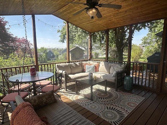 729 Parkway Dr, Mount Horeb, WI 53572 - wooden deck featuring a shed, ceiling fan, an outdoor hangout area, an outdoor structure, and outdoor dining area