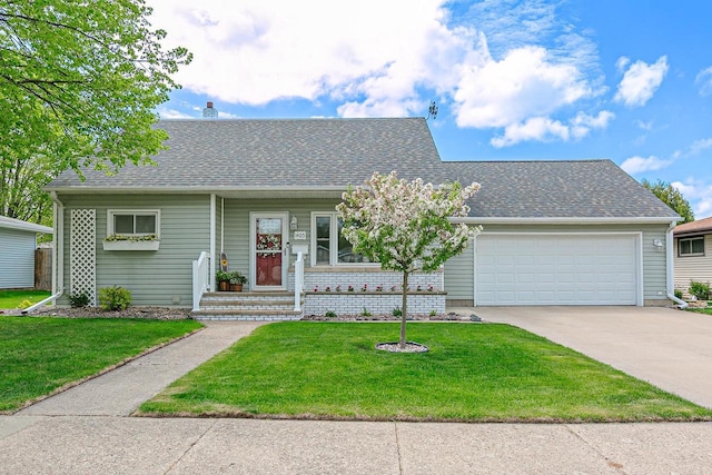 view of front facade featuring an attached garage, concrete driveway, a front yard, and roof with shingles
