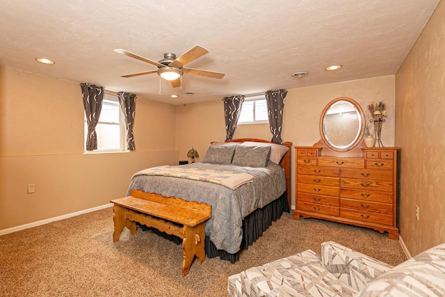 bedroom with carpet flooring, a ceiling fan, baseboards, and recessed lighting
