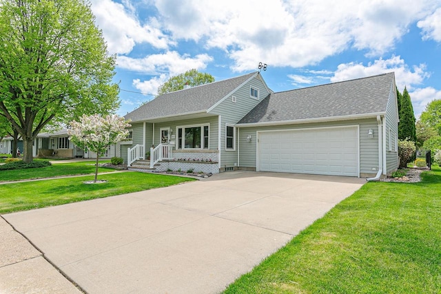 view of front of home with an attached garage, a front yard, a shingled roof, and driveway