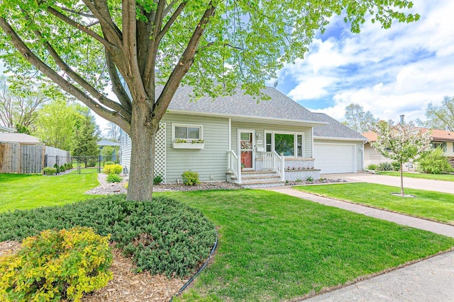 view of front of house with concrete driveway, a garage, and a shingled roof