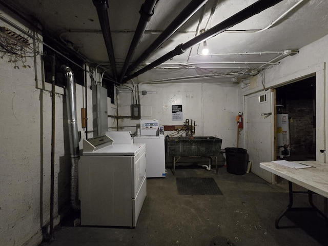 902 S 25th St, Milwaukee, WI 53204 - unfinished below grade area featuring separate washer and dryer, water heater, electric panel, and a sink