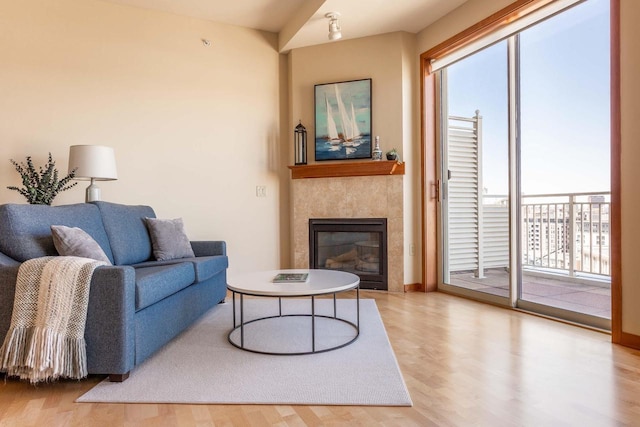 360 W Washington Ave Unit 1412, Madison, WI 53703 - living room featuring wood finished floors, a tile fireplace, and baseboards