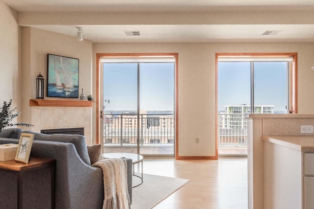360 W Washington Ave Unit 1412, Madison, WI 53703 - living area with light wood-style flooring, healthy amount of natural light, a tiled fireplace, and baseboards