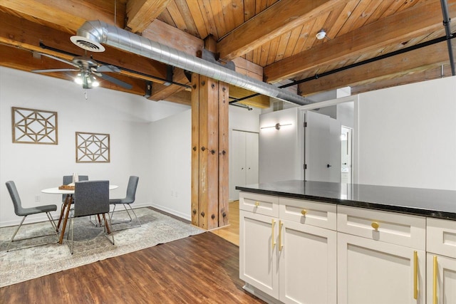 234 E Reservoir Ave Unit 104, Milwaukee, WI 53212 - kitchen with dark wood-type flooring, beam ceiling, white cabinets, a ceiling fan, and baseboards