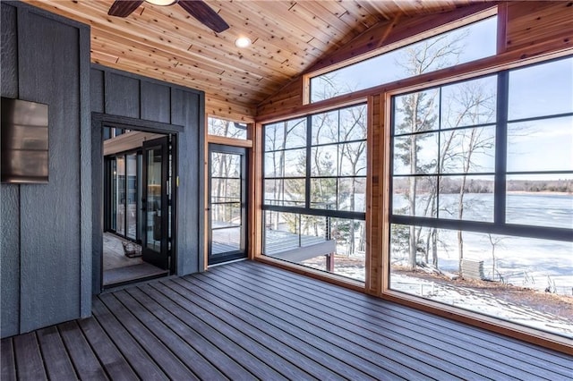 2936 W Sunset Bay, Birchwood, WI 54817 - unfurnished sunroom featuring wood finished floors, ceiling fan, healthy amount of natural light, wooden ceiling, and high vaulted ceiling