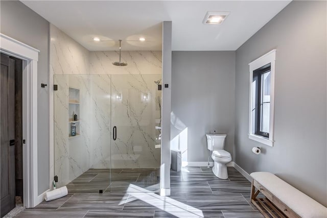 2936 W Sunset Bay, Birchwood, WI 54817 - bathroom with toilet, a marble finish shower, recessed lighting, and baseboards