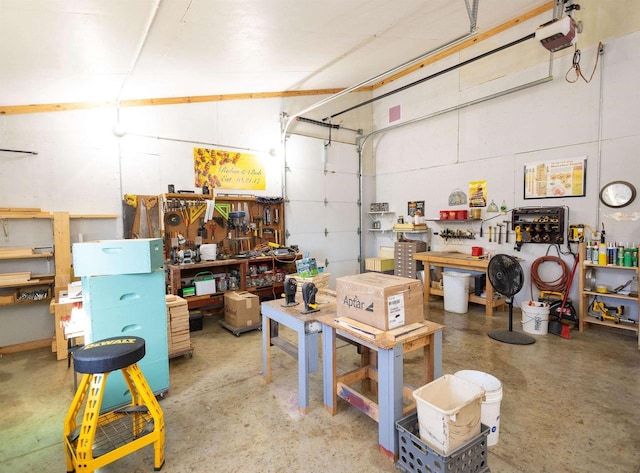 6209 Cassidy Rd, Mineral Point, WI 53565 - garage with a workshop area and a garage door opener