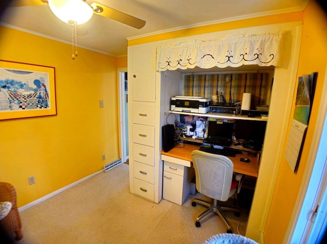 5449 Old Middleton Rd, Madison, WI 53705 - office featuring crown molding, ceiling fan, built in desk, light colored carpet, and baseboards