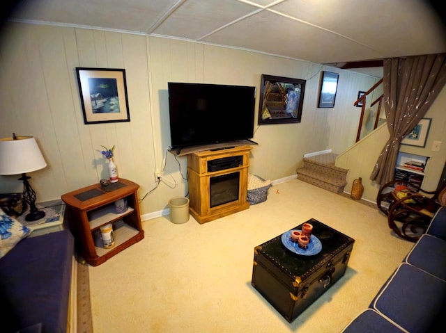5449 Old Middleton Rd, Madison, WI 53705 - living room with carpet flooring, a glass covered fireplace, stairway, and baseboards