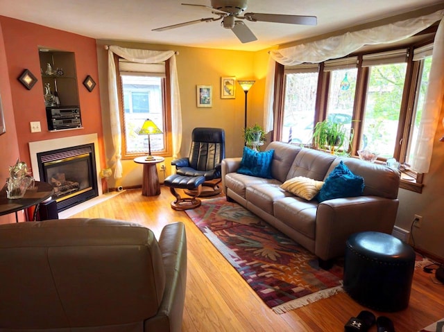 5449 Old Middleton Rd, Madison, WI 53705 - living room featuring wood finished floors, a ceiling fan, and a glass covered fireplace
